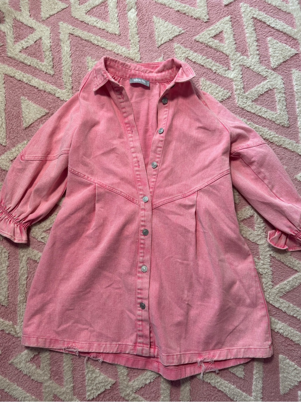 Pink Button-Front Long Sleeve Denim Dress with Gathered Sleeves